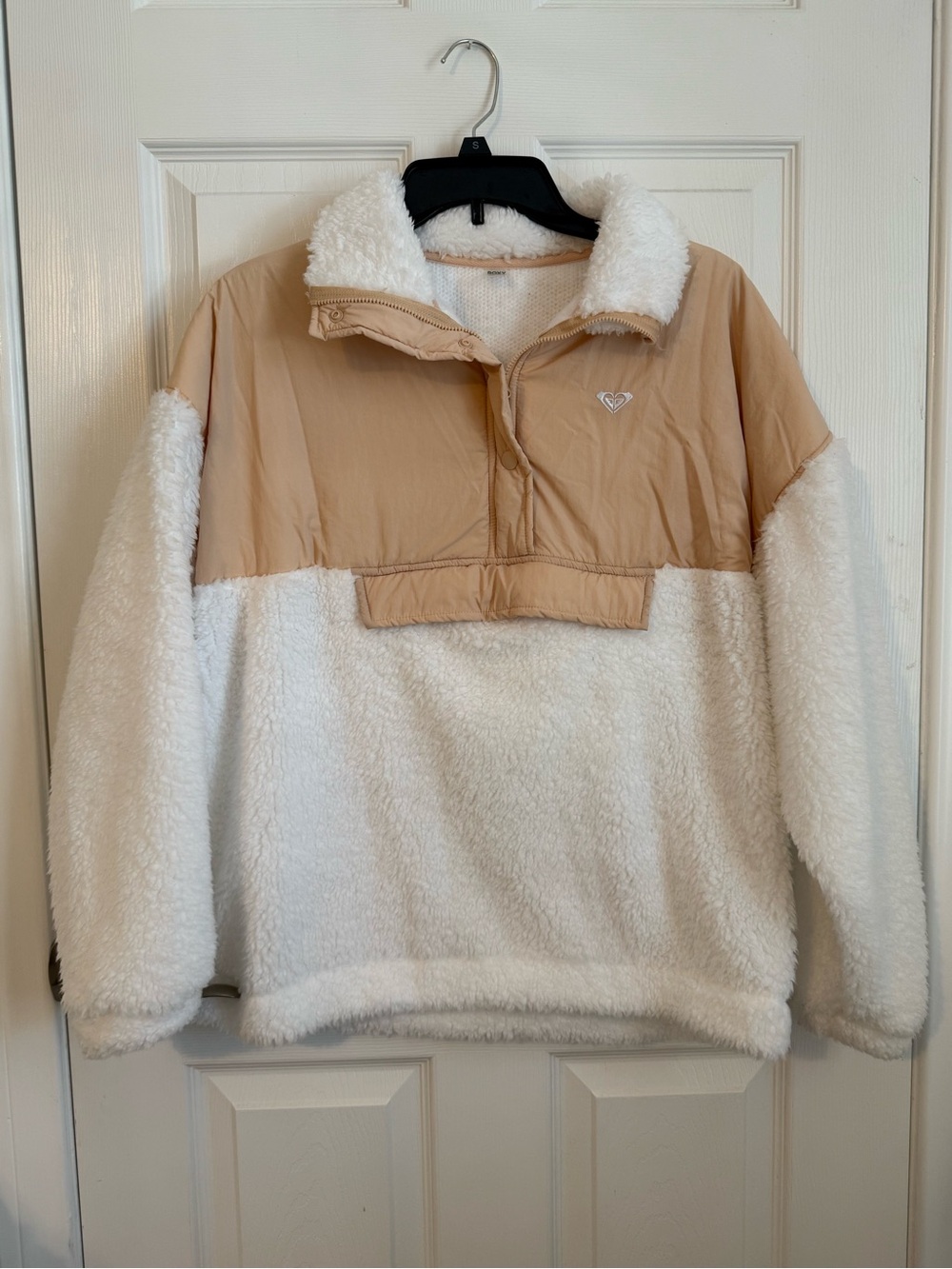 Roxy White Sherpa Pullover with Light Tan Trim